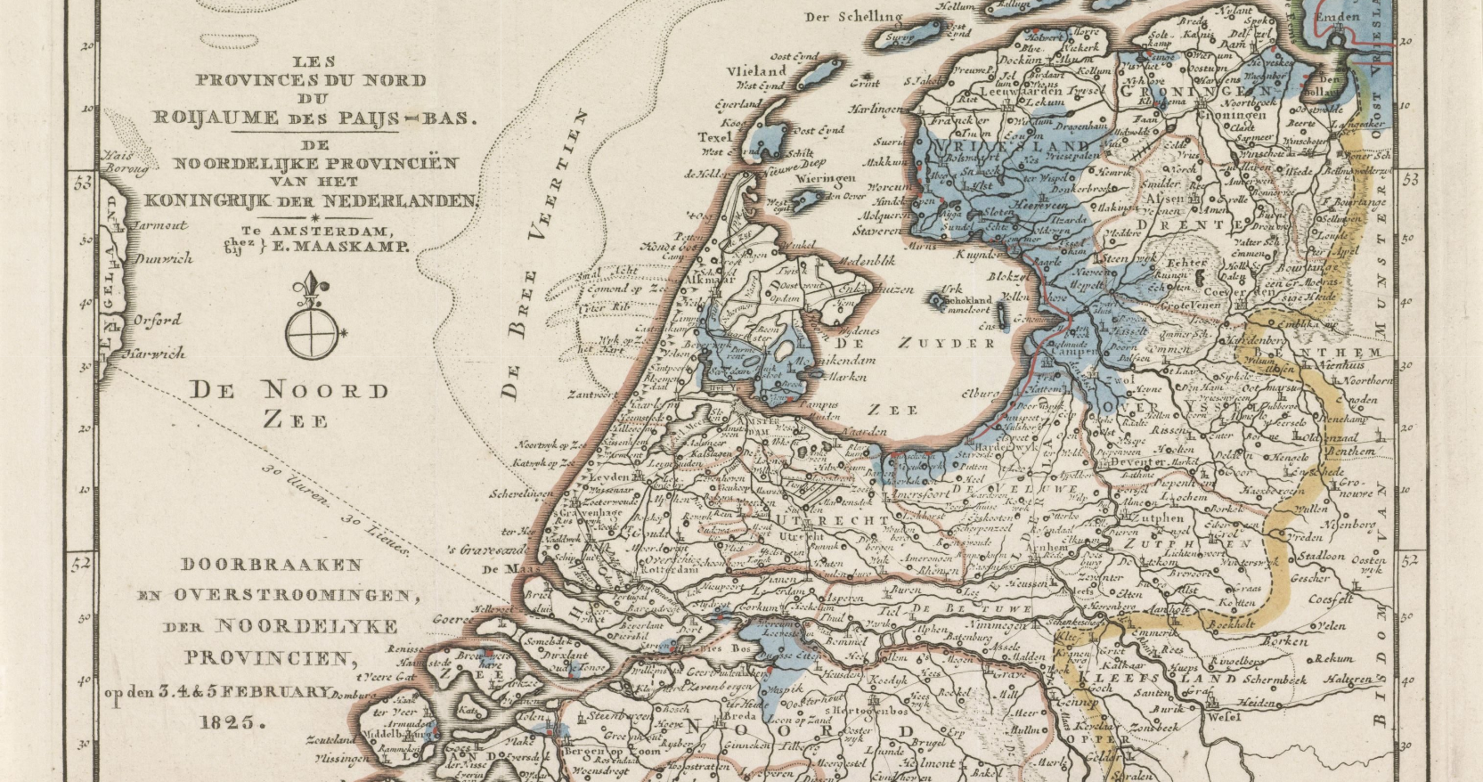Kaart van het gebied in het noorden van Nederland getroffen door de overstromingen in 1825, anonymous, 1825 Kaart van het gebied in het noorden van Nederland getroffen door de overstromingen in 1825, anonymous, 1825