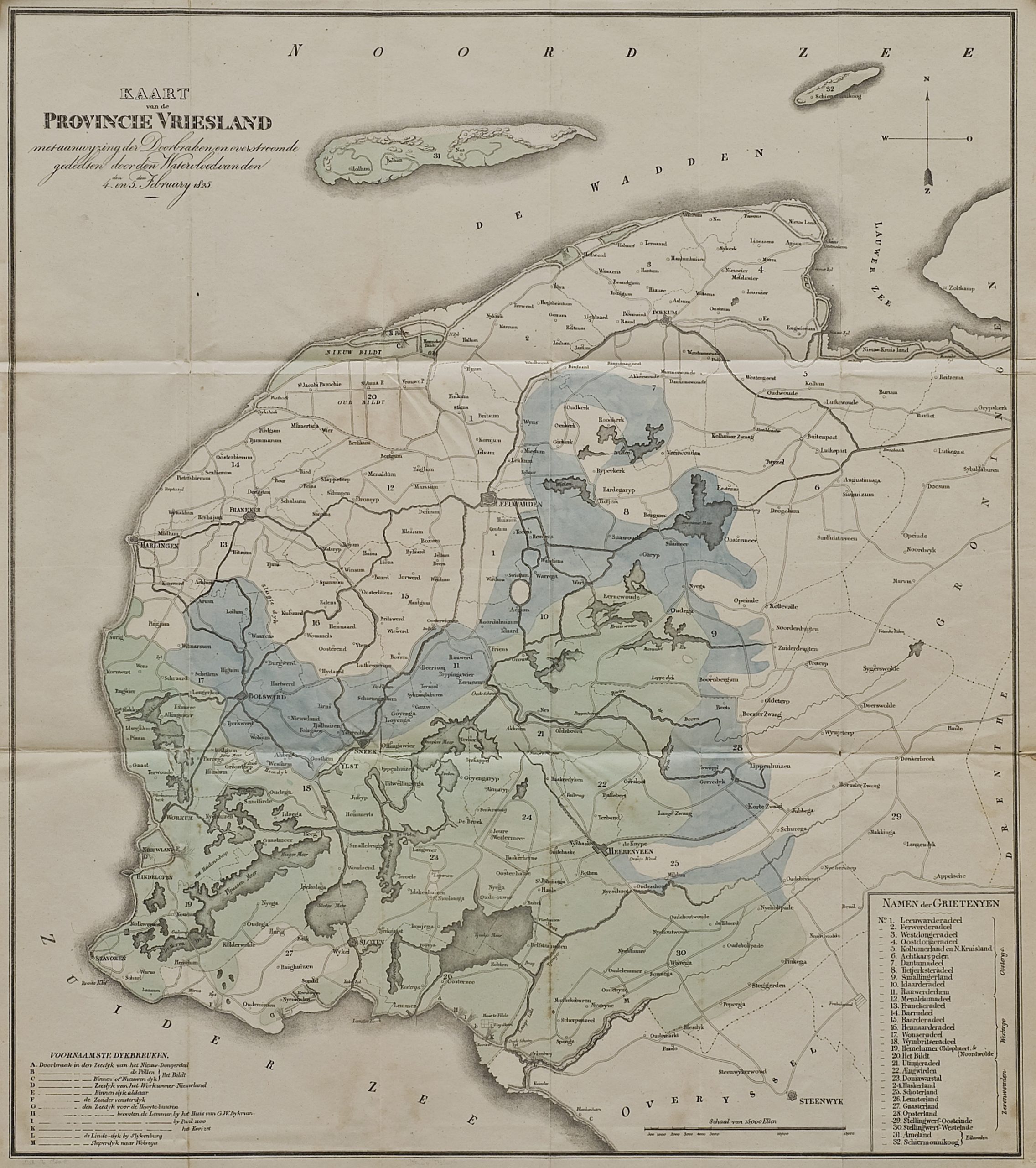 Kaart watersnood 1825 - J_van_Leeuwen kaart der doorbraken en overstrooming van friesland 1825