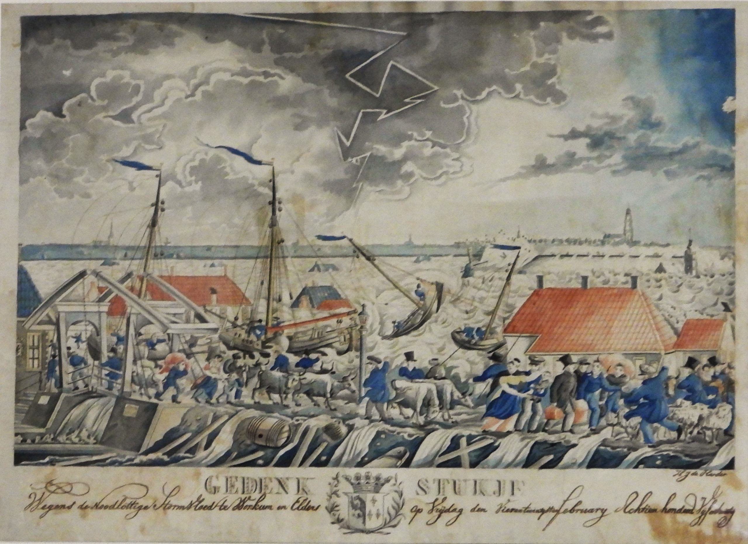 Litho - Hendrik Jans de Harder kaart der doorbraken en overstrooming van friesland 1825