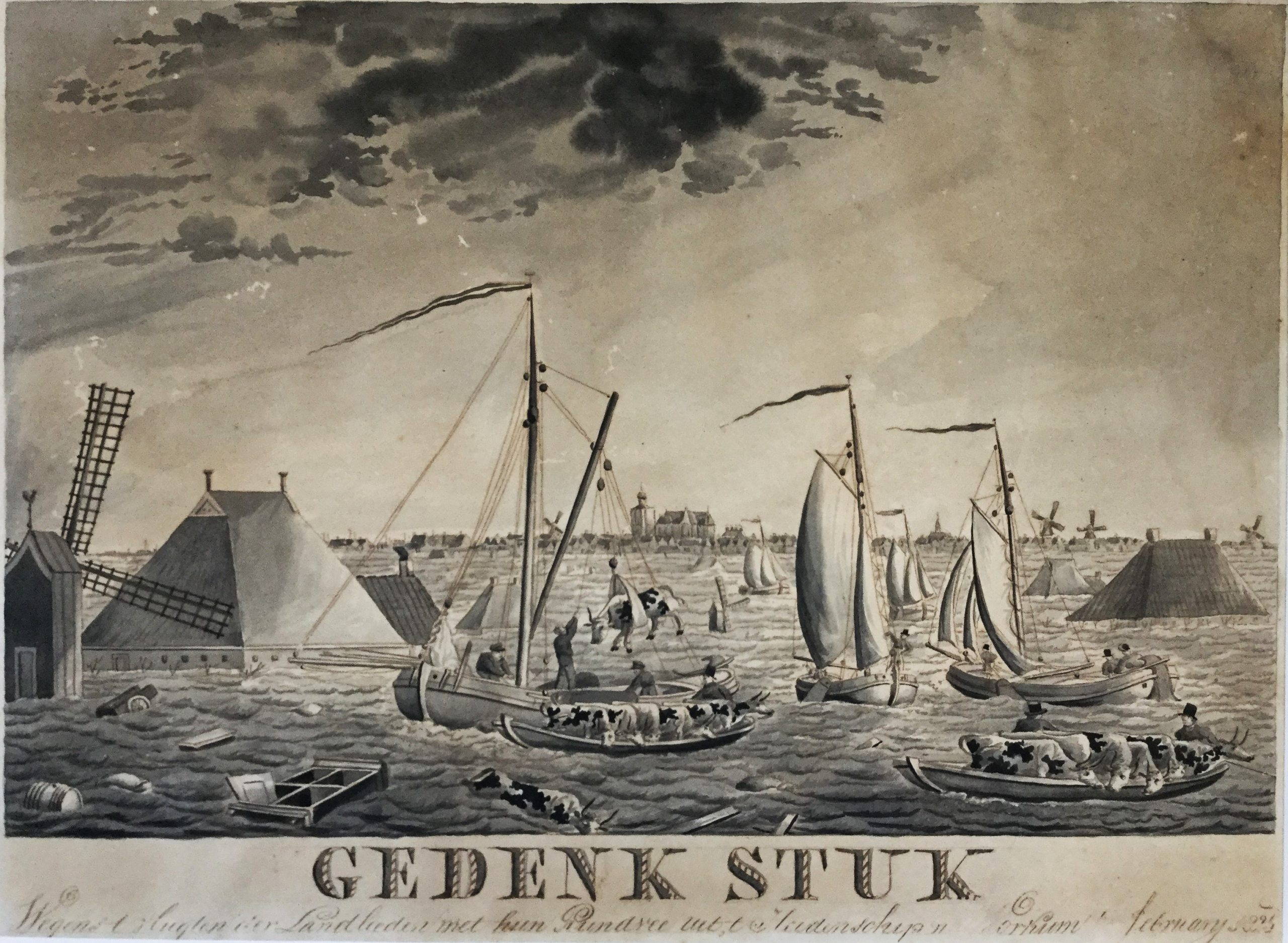 Litho - van It Heidensk naar Workum-Hendrik Jans Harder kaart der doorbraken en overstrooming van friesland 1825